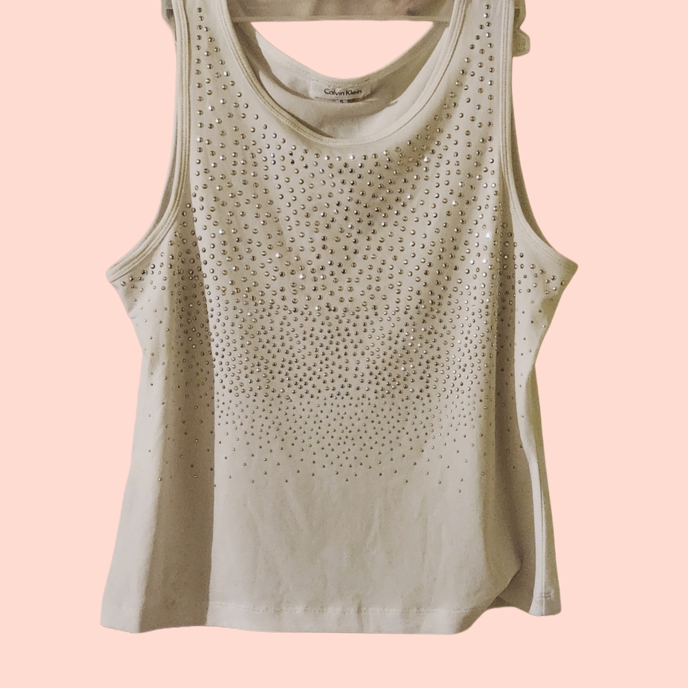 Calvin Klein White bedazzled Sleeveless tank top Y2K Casual style Size S